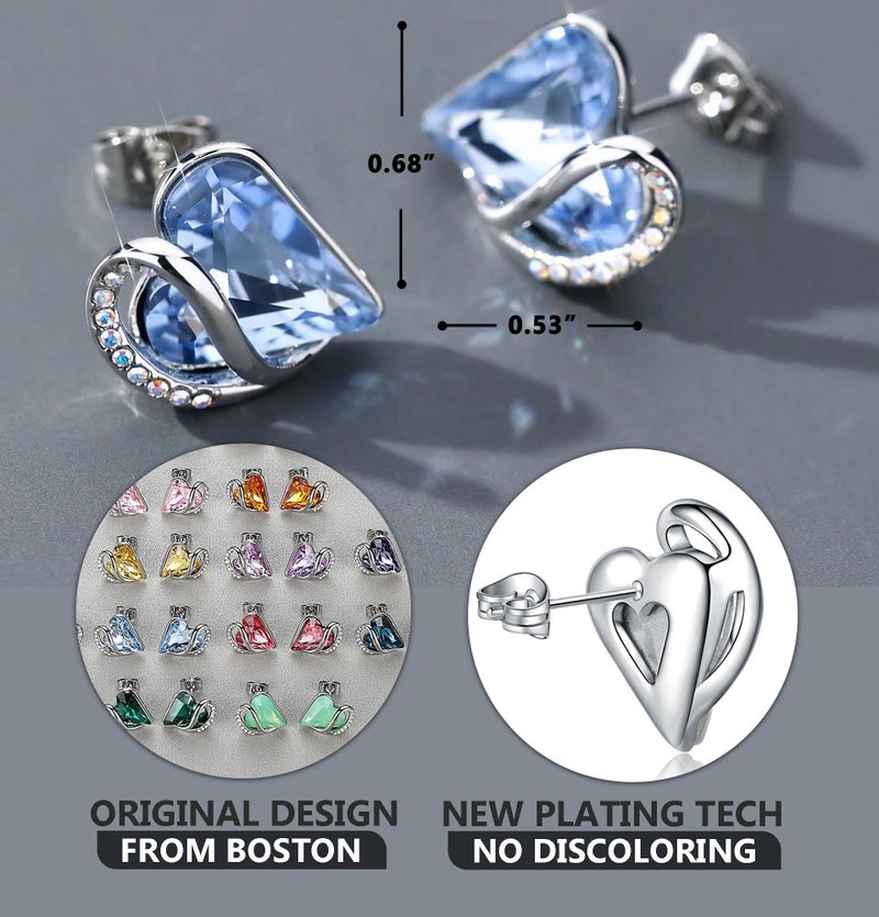 Leafael Blue Earrings for Women, Mothers Day Gift for Mom, Light Sapphire Color Heart Stud Earring with Birthstone Crystal for March & December, Silver Plated Jewelry - Image 3